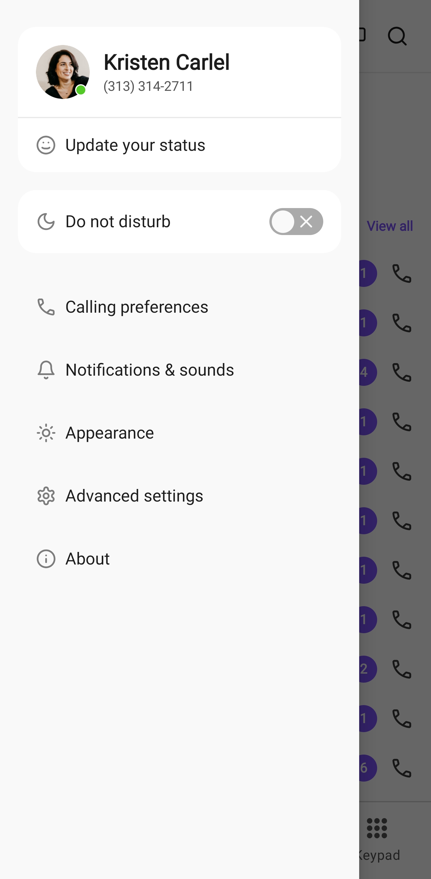 Dialpad iOS app slide-out menu showing user profile details alongside categorized setting options such as Calling preferences, Notifications & sounds, Appearance, Advanced settings, and About.