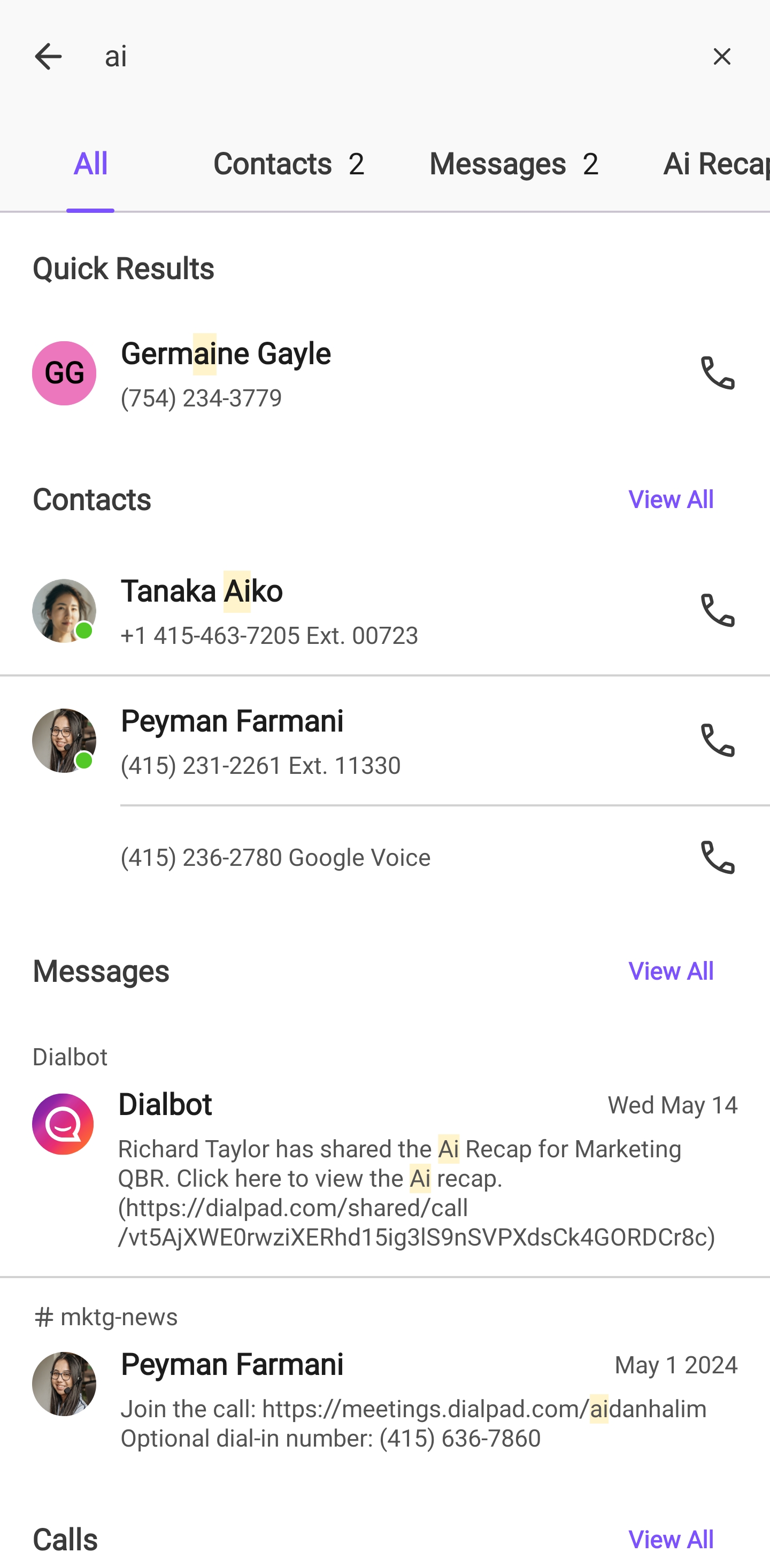 Dialpad iOS app search interface displaying unified search results categorized into Quick Results, Contacts, Messages, and Calls.