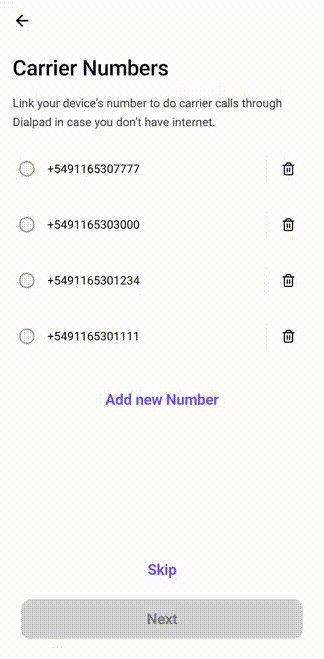Carrier Numbers management screen in the Dialpad iOS app displaying options to link and manage linked phone numbers for carrier calling, alongside options to Add new Number, Skip, or proceed Next.