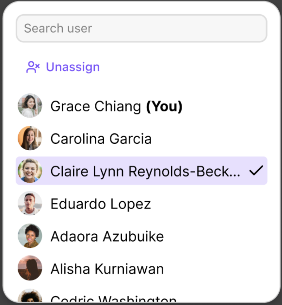 Screenshot of a dropdown menu to choose who to assign to.