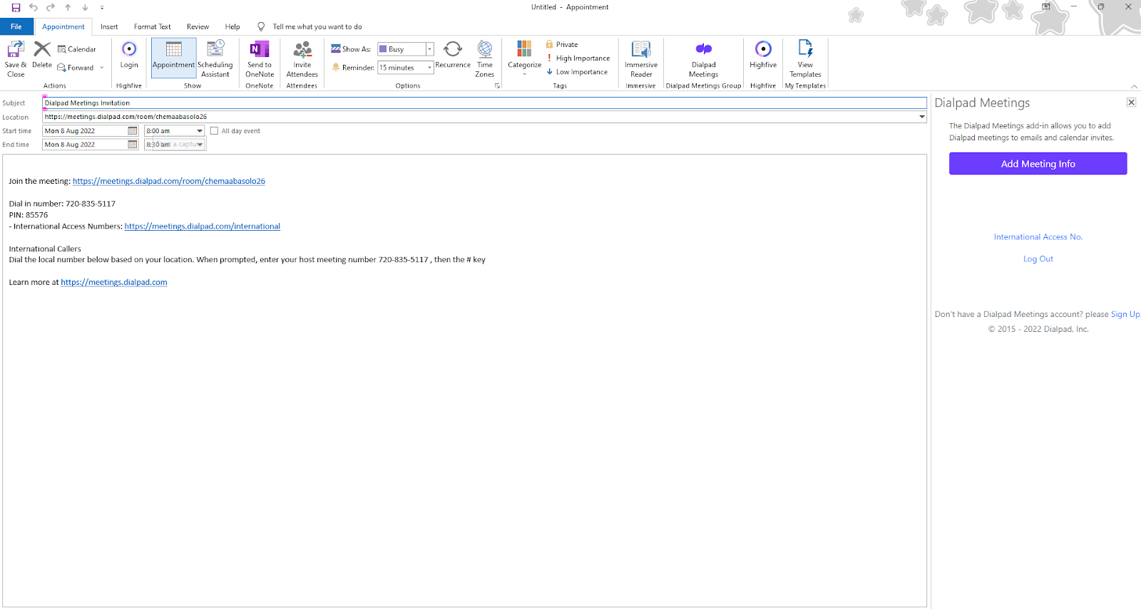 scheduled meeting appears in Outlook