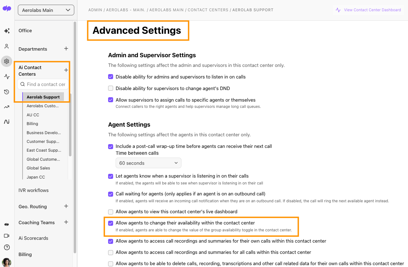 Screenshot of Contact Center advanced settings with allow agents to change their availability within the contact center highlighted.