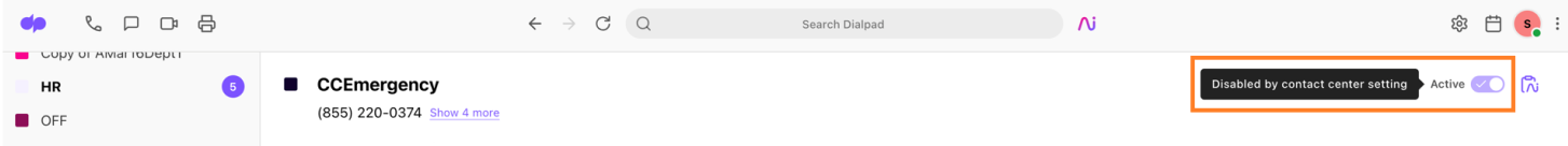 Screenshot of Dialpad App with Active toggle highlighted.