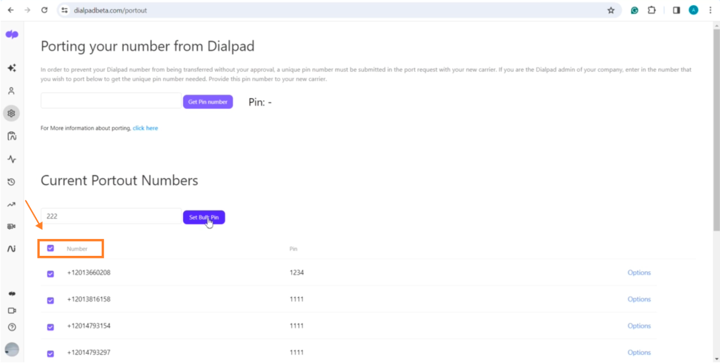 Screenshot of Dialpad Admin settings with Number column highlighted.