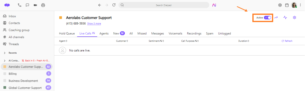 Screenshot of Contact Center with Active toggle highlighted.