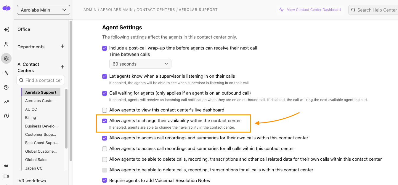 Screenshot of contact center settings with allow agents to change their availability within the contact center highlighted.