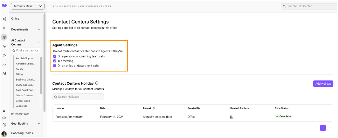 Screenshot of Agent Settings in Contact Center settings.