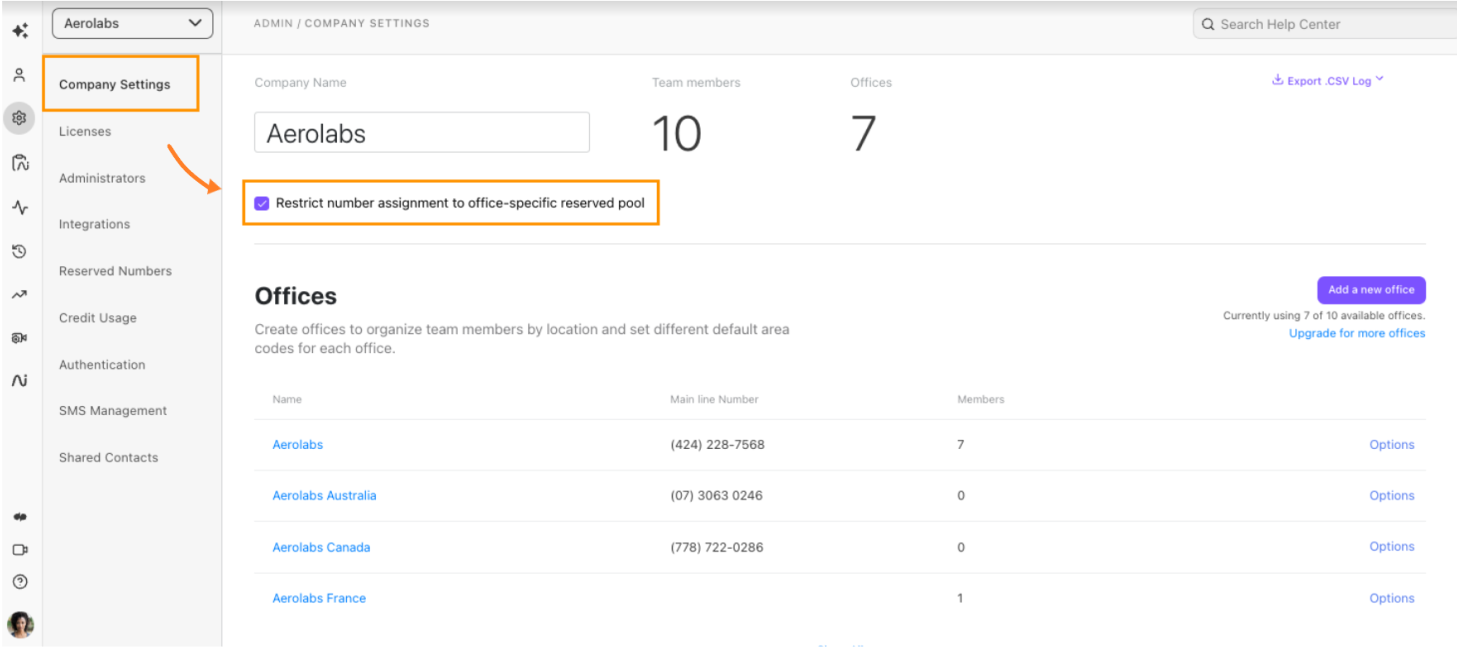 Screenshot of company settings