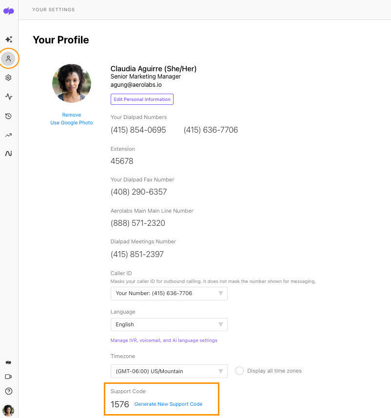 screenshot of your profile with generated support code highlighted.