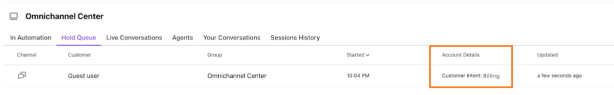 Screenshot of Contact Center> Hold Queue> account details highlighted.