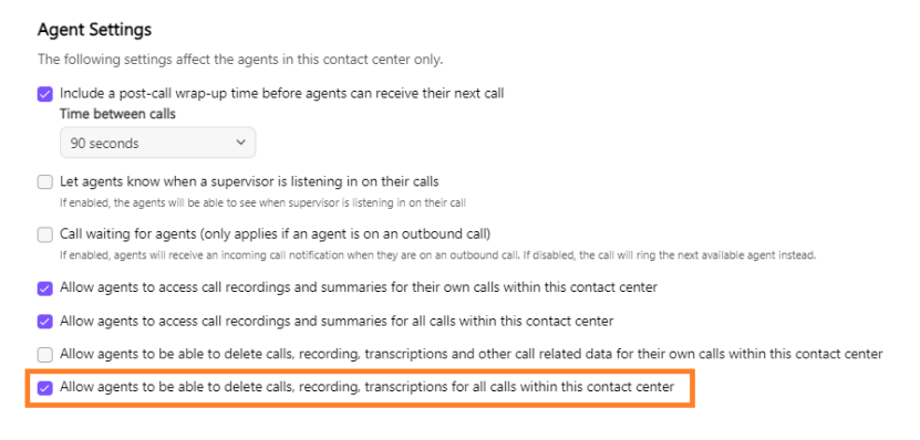 Screenshot of Agent Settings