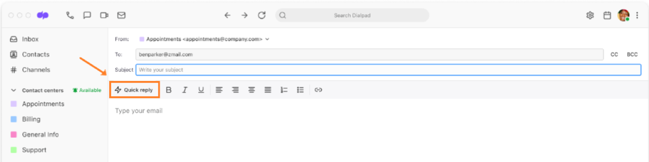 Screenshot of Quick Reply option highlighted.