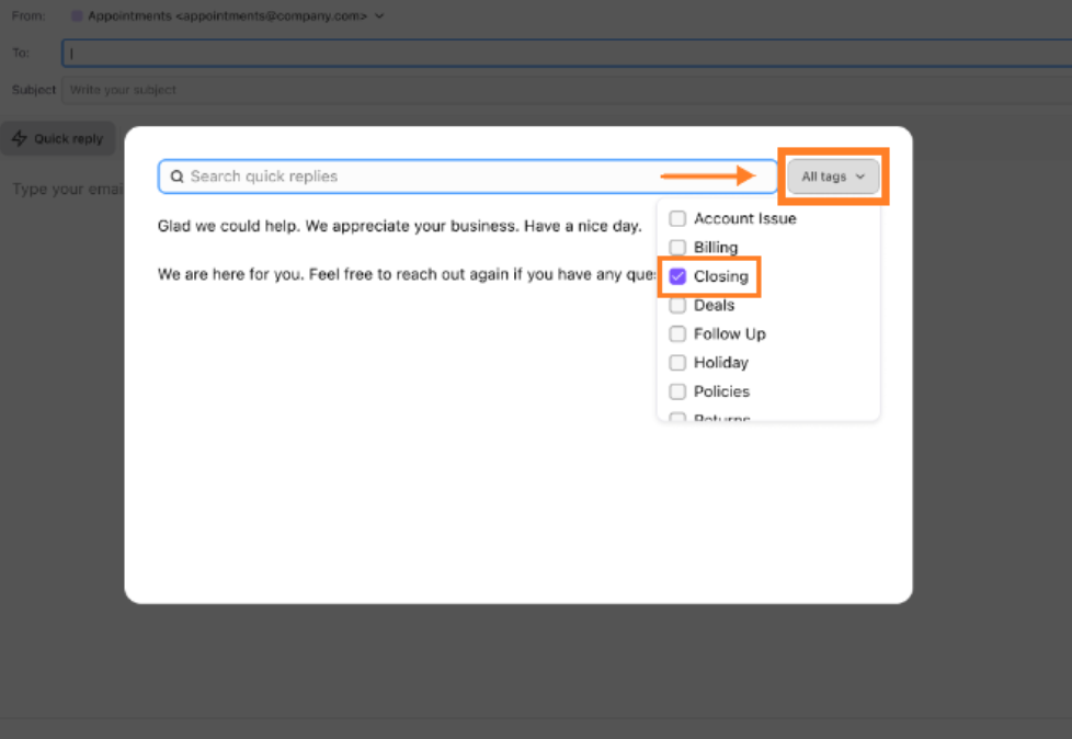 screen shot of quick replies with All Tags button highlighted.