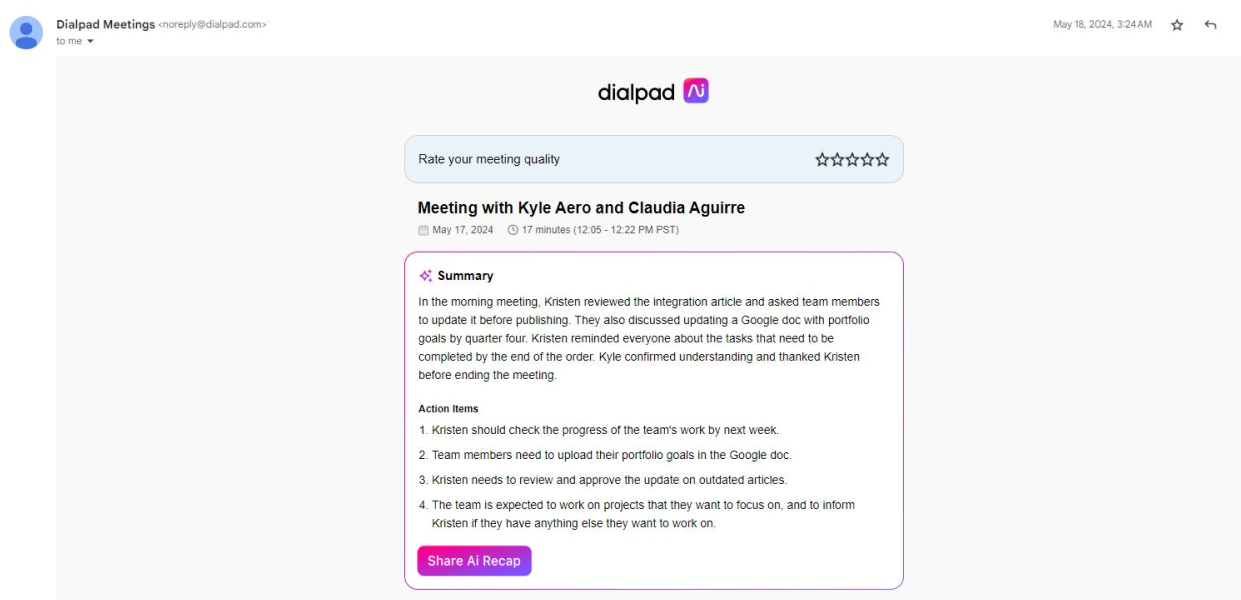 Screenshot of AI Recap for meeting.