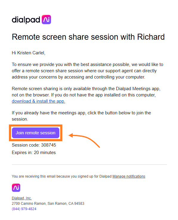 Screernshot of Remote screen shares session. Join remote session highlighted.
