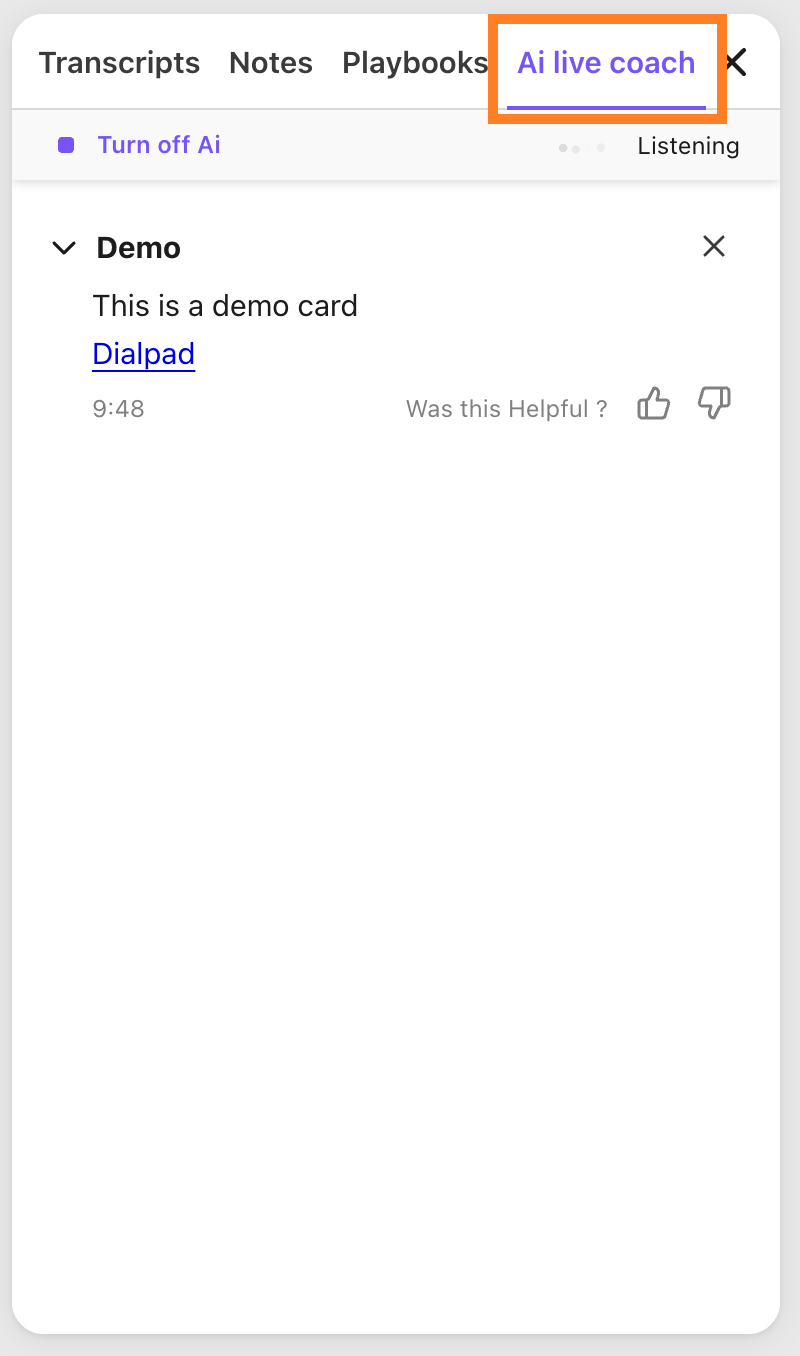 Screenshot of AI Live coach tab in Dialpad Meeting.