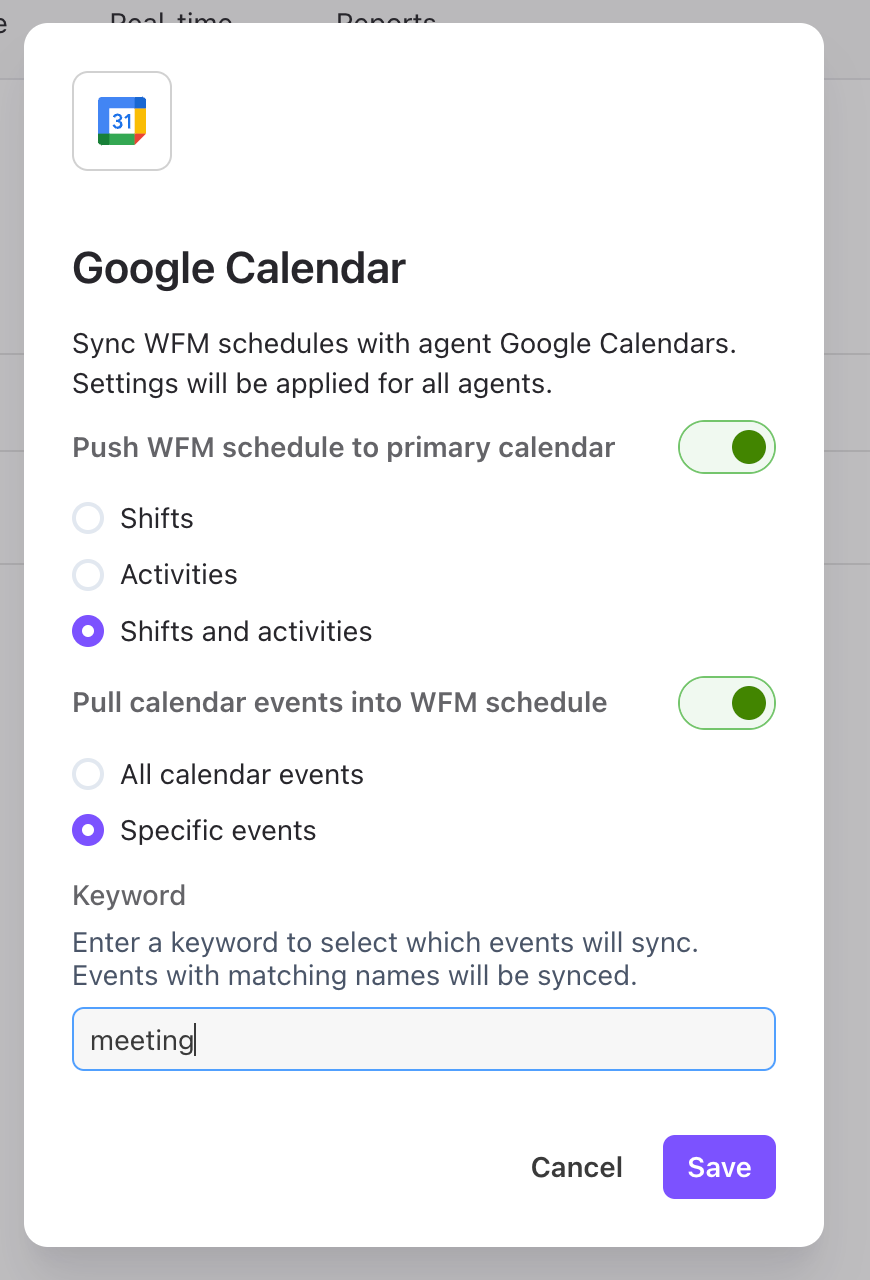 Dialpad WFM Google Calendar settings pop-up modal showing toggles to push WFM schedules to primary calendars and pull calendar events into WFM schedules, with options for shifts, activities, and keyword filtering.