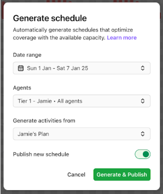 Dialpad WFM Generate schedule pop-up modal showing fields to select a Date range, Agents, plan source for activities, and a toggle to Publish new schedule alongside a Generate & Publish button.