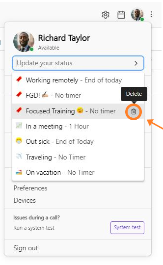 Screenshot of Status drop down with the trash can icon highlighted.