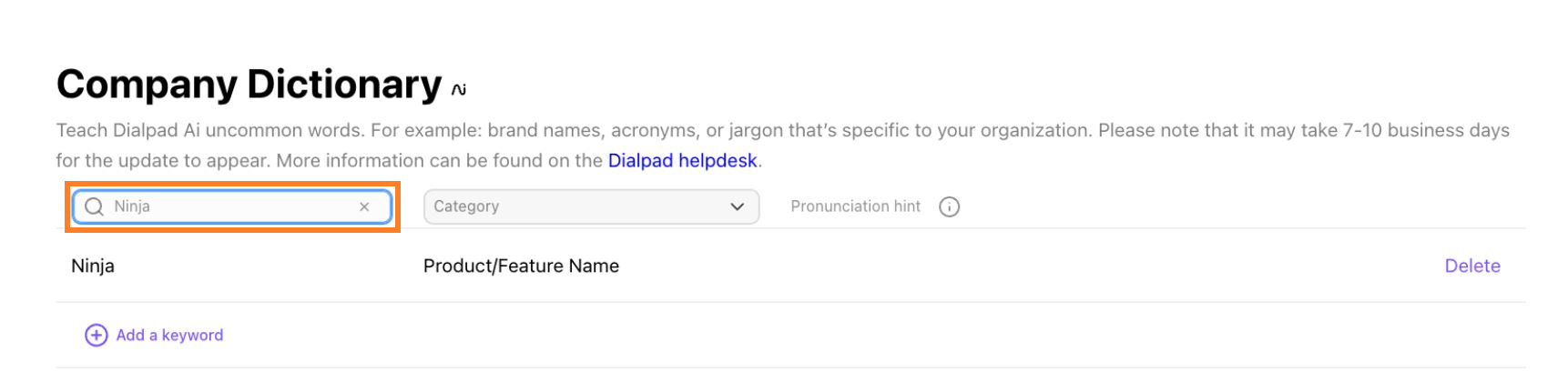 Screenshot of Company Dictionary with the search bar highlighted.