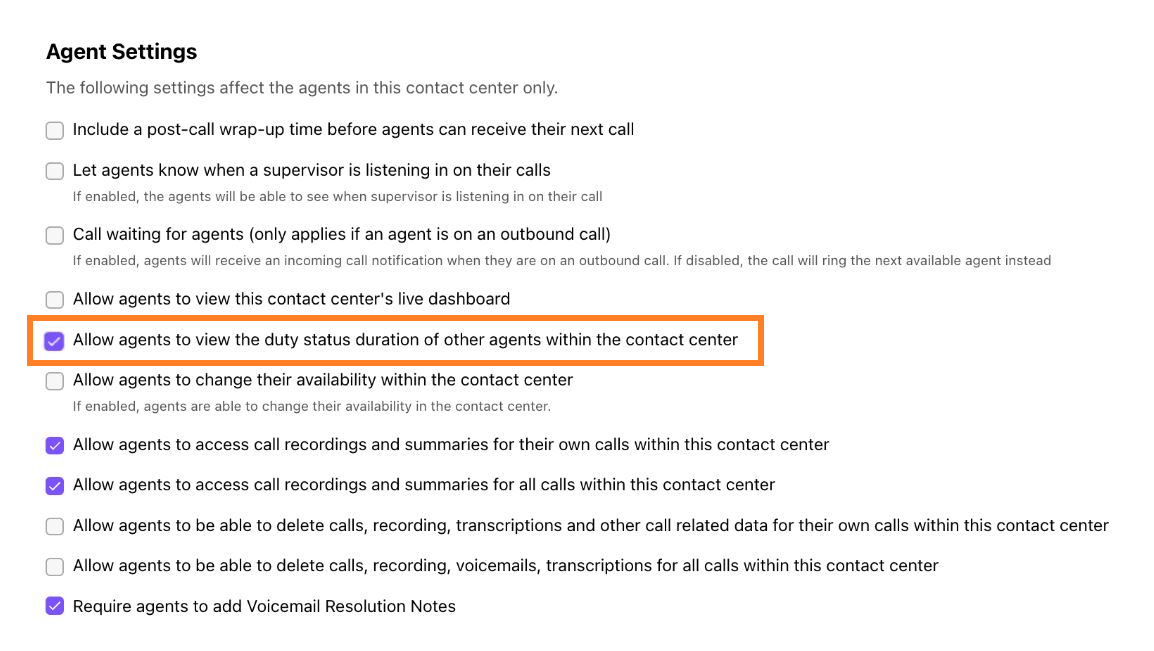 Screenshot of Agent settings in Contact Centers with Allow agents to view the duty status duration of other agents within the contact center highlighted.