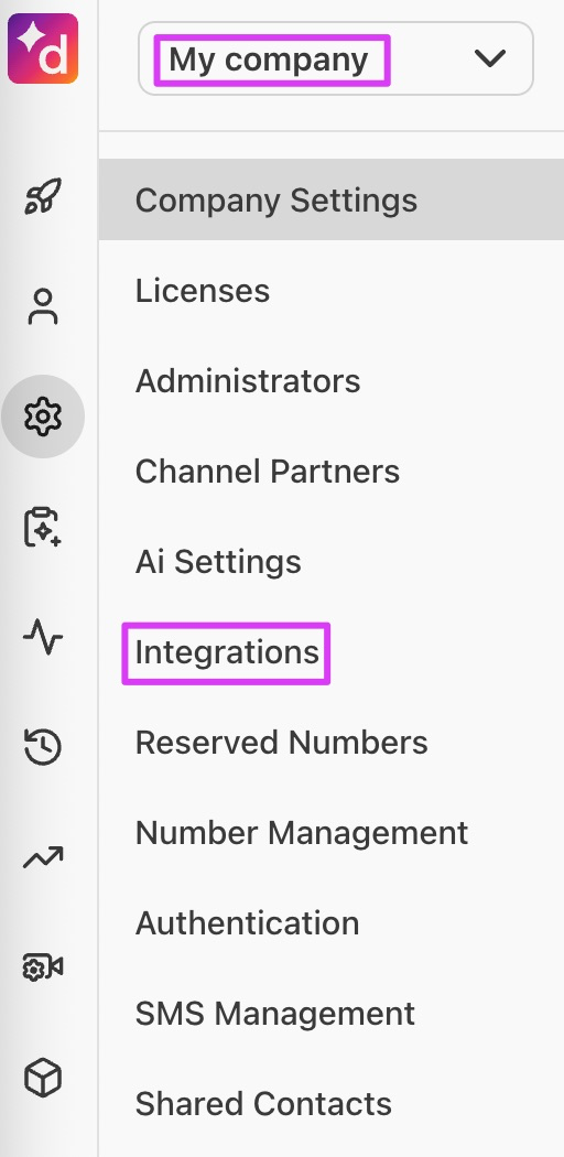 Admin Settings for My Company on Dialpad, highlighting tab for Integrations