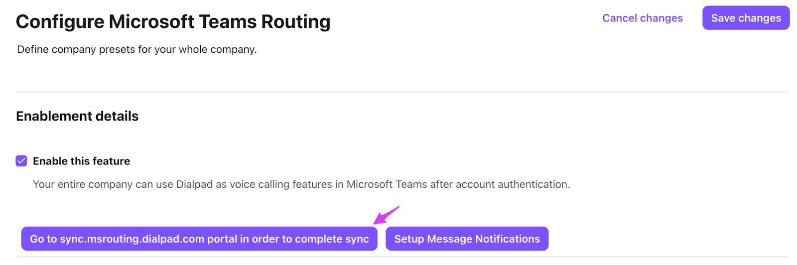 MS Teams integration routing options, highlighting option to complete syncing with Dialpad.