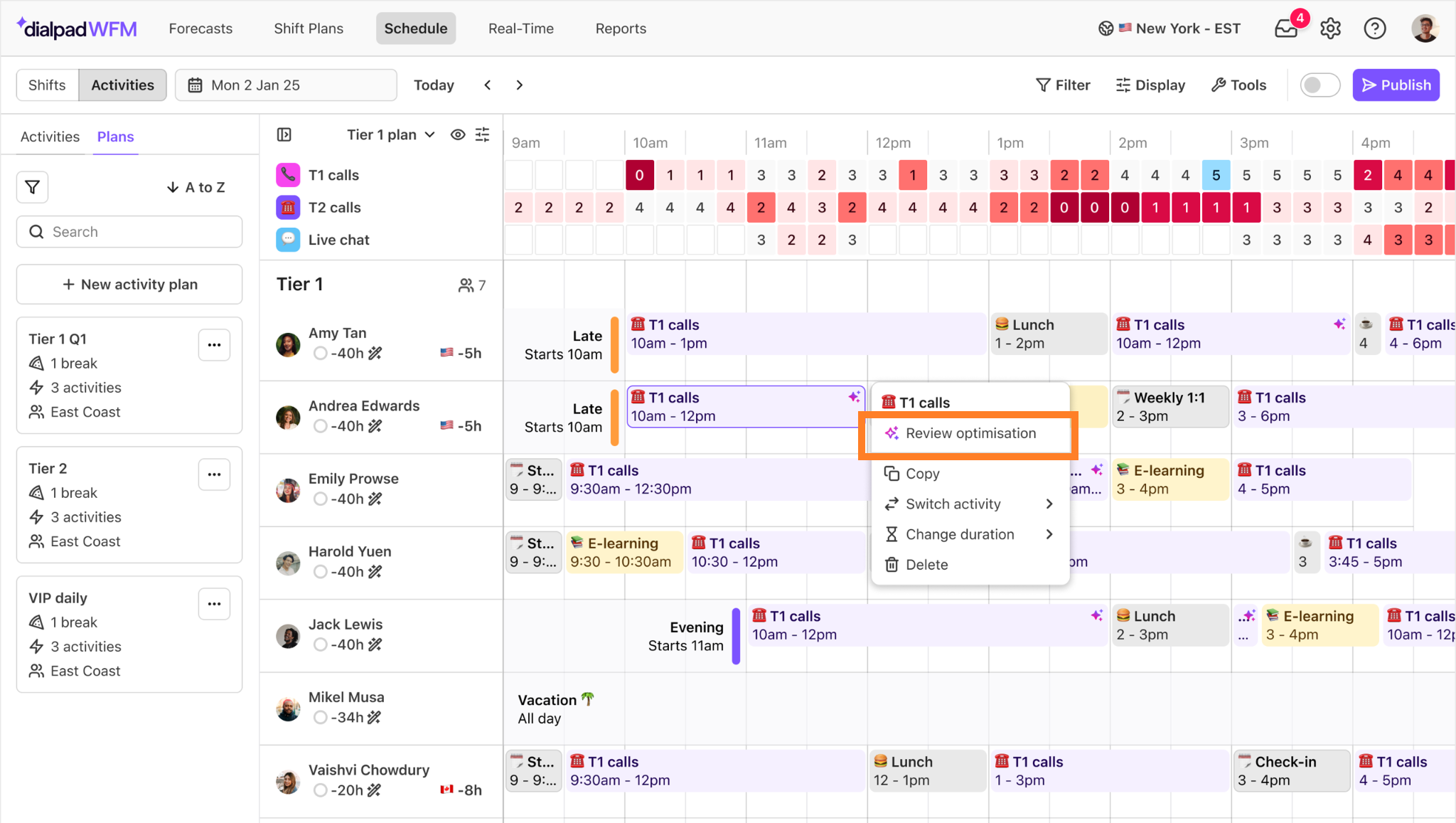 Dialpad WFM Schedule view showing an agent's activity context menu with an orange box highlighting the Review optimisation option.