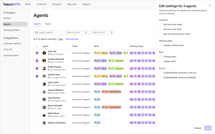 Dialpad WFM Agents settings page displaying an agent management table alongside an Edit settings panel for bulk editing agent hours, working days, roles, and extras.