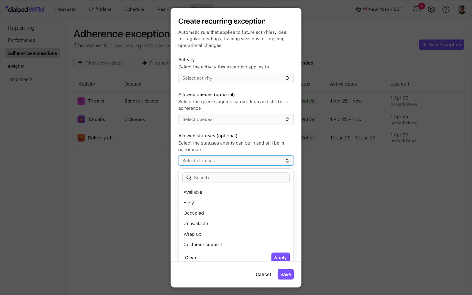 Dialpad WFM Adherence exceptions page with a Create recurring exception modal showing options for selecting activities, allowed queues, and allowed statuses.