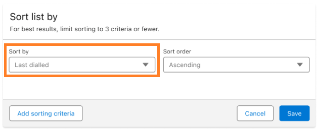Powerdialer settings window displaying a Sort list by card, with an orange box highlighting the Sort by dropdown menu set to Last dialled next to the Sort order dropdown.