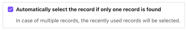Salesforce integration settings card showing a checked checkbox next to Automatically select the record if only one record is found, with helper text below explaining behavior for multiple records.