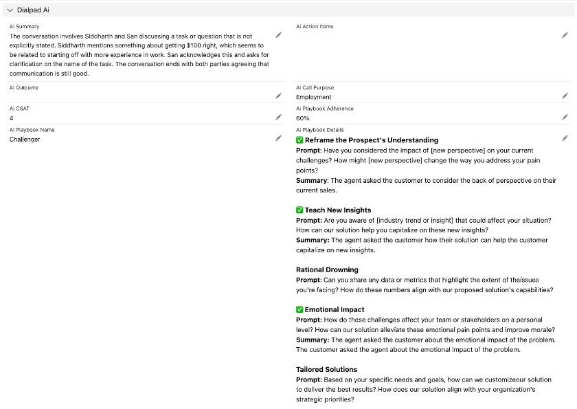 Salesforce Dialpad Ai section displaying call details including AI Playbook Details, which lists prompts and summaries marked with green checkmarks for completed steps.