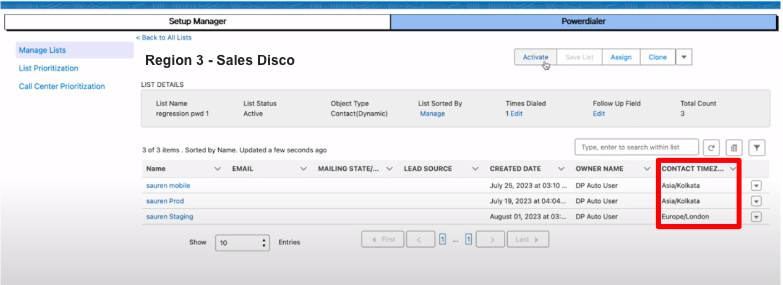 Powerdialer list view in Salesforce Setup Manager displaying record entries with a red box highlighting the Contact Timezone column values (such as Asia/Kolkata and Europe/London).