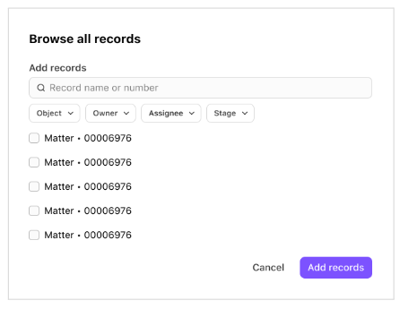 Dialpad sidebar interface showing a Browse all records panel with a search bar, filter dropdowns for Object, Owner, Assignee, and Stage, and a selectable list of records.
