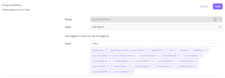Configure Salesforce settings panel showing the "Calls logged to Contact can also be logged to:" configuration, featuring an Object selection menu populated with numerous custom object tags.