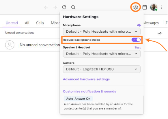 Screenshot of Hardware settings in the Dialpad app with Reduce background noise highlighted.