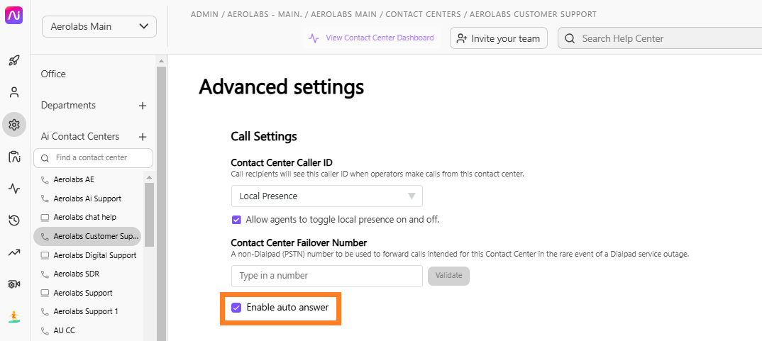 Screenshot of Dialpad admin settings for a contact center with enable auto answer highlighted.