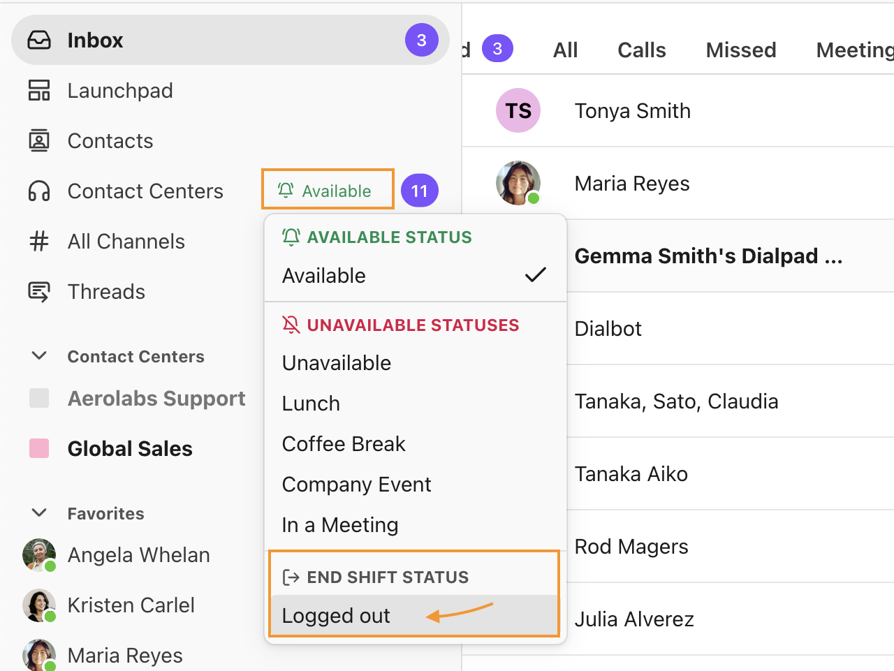 Dialpad app status menu displaying single-click login options, with an orange box highlighting the Available status button and an orange arrow pointing to the Logged out option under End Shift Status.
