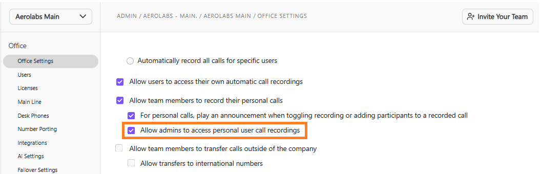 Dialpad Office Settings panel with an orange box highlighting the "Allow admins to access personal user call recordings" checkbox.