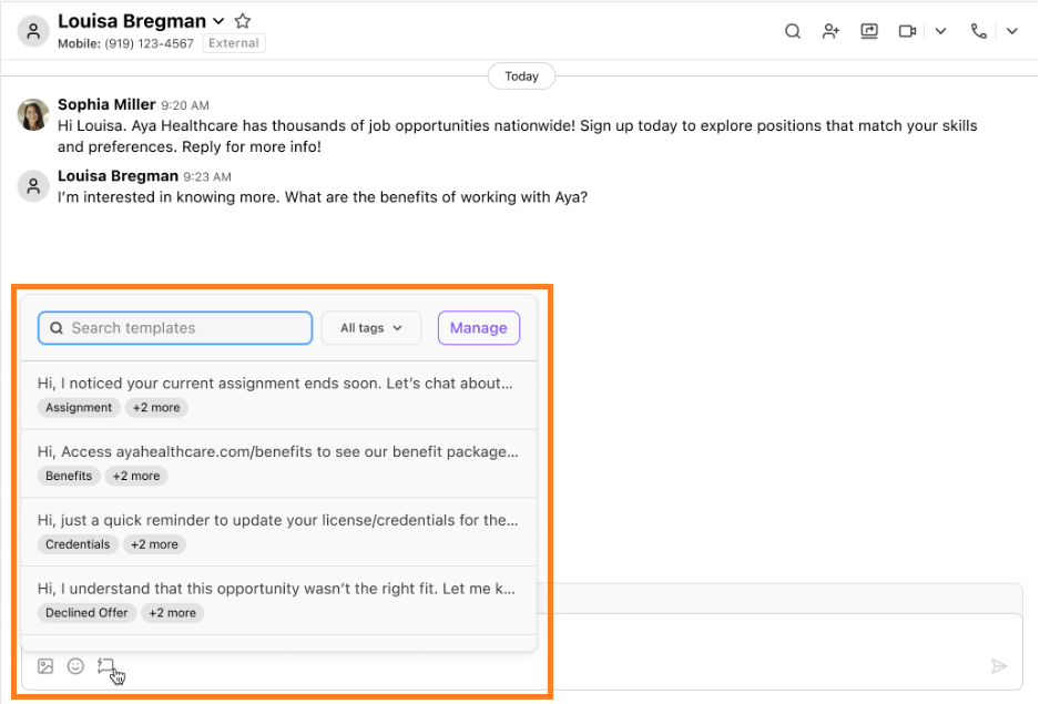 Dialpad messaging interface featuring a highlighted templates pop-up window with tagged, quick-reply options.