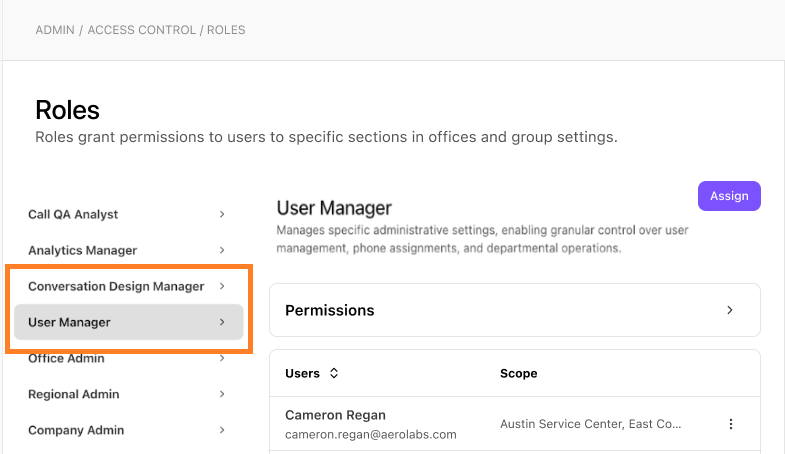 Dialpad Admin Roles page displaying the Access Control settings, with an orange box highlighting two RBAC role additions—Conversation Design Manager and User Manager—in the roles navigation panel alongside details for the selected User Manager role.