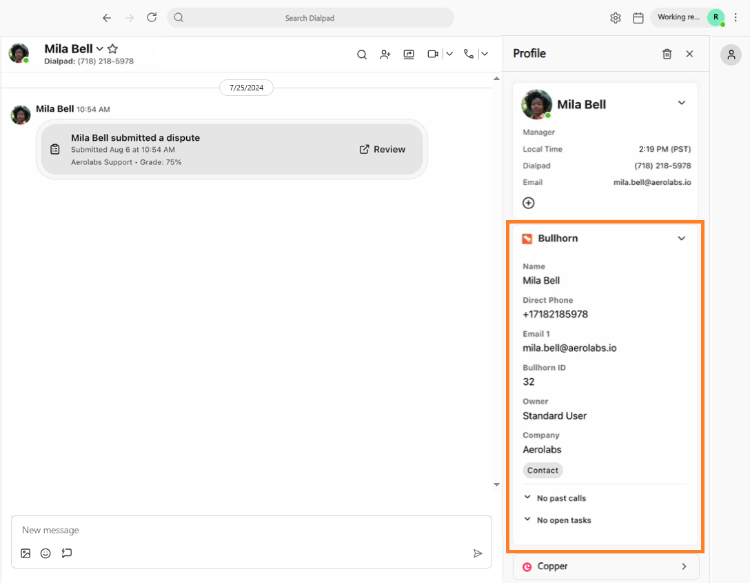 Dialpad desktop application showing the right-hand Profile sidebar with an orange box highlighting the Bullhorn integration section, displaying contact details such as Name, Direct Phone, Email, Bullhorn ID, Owner, Company, along with call logs and task sections.