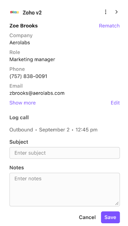 Dialpad Zoho v2 integration panel displaying updated contact details and call logging fields for Subject and Notes.