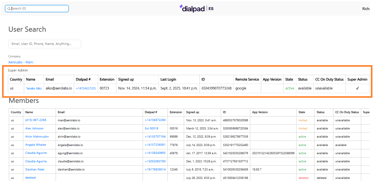 Dialpad ES User Search page featuring an orange box highlighting the Super Admin user table located directly above the main Members list.