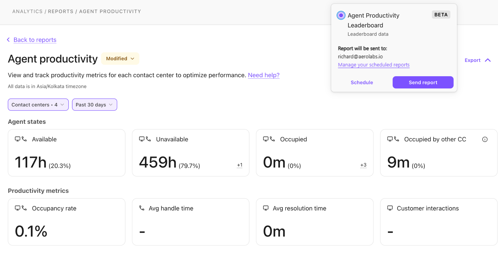 Dialpad Agent Productivity page displaying performance metrics and an expanded Export menu for scheduling or emailing report data.