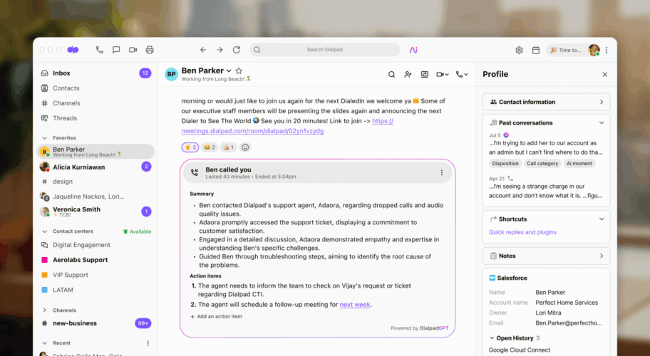 Screenshot of AI Recap in Dialpad App Message Thread
