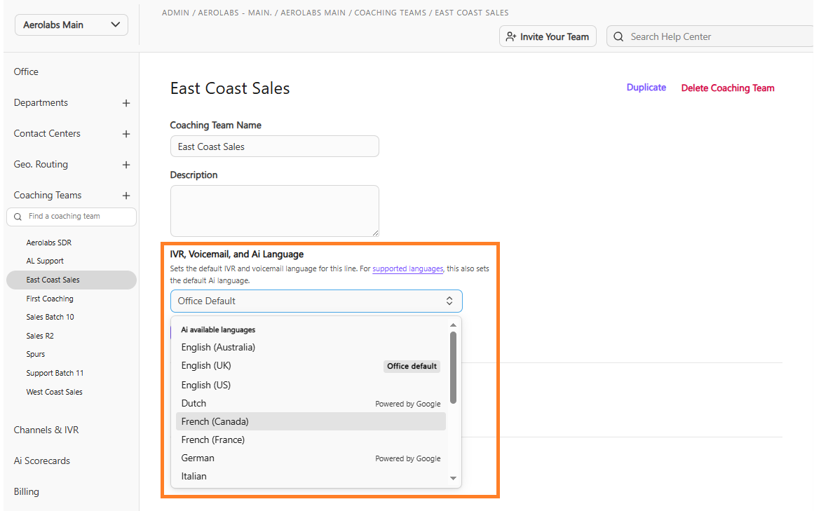 Dialpad Coaching Team settings page featuring an orange box highlighting the "IVR, Voicemail, and Ai Language" section with an expanded language selection dropdown.