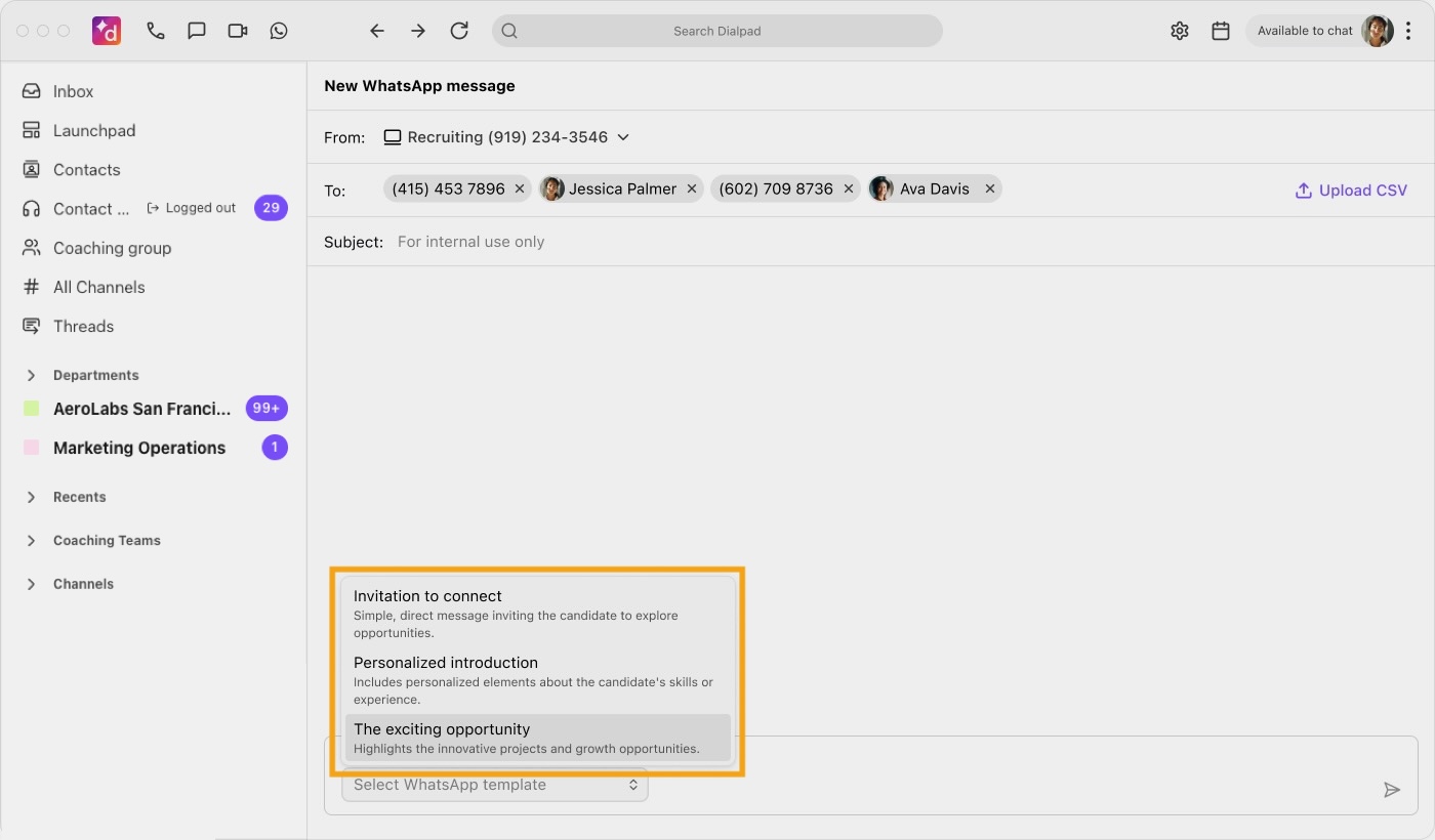 Dialpad New WhatsApp message composer interface featuring recipient fields, a CSV upload option, and an orange box highlighting template options like Invitation to connect, Personalized introduction, and The exciting opportunity.