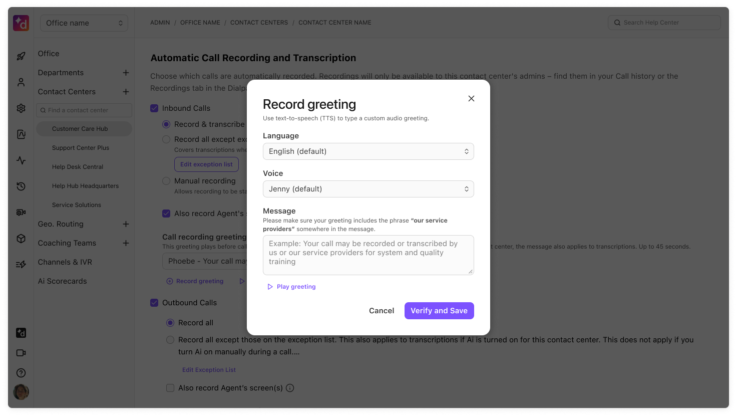 Dialpad Record greeting pop-up modal displaying text-to-speech options for Language, Voice, and Message configuration.